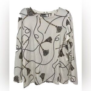 Women’s Chico’s Top White Chain Tassels Long Sleeve Blouse Large